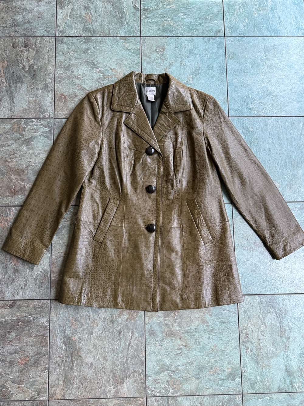Chico's Olive Croc-Embossed Leather Jacket